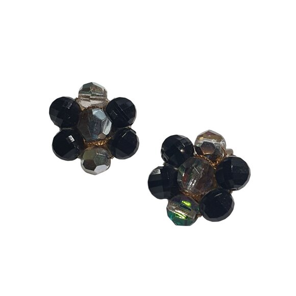 Vintage West Germany Aurora Borealis Black Beaded Clip On Earrings Floral Design - Picture 1 of 4
